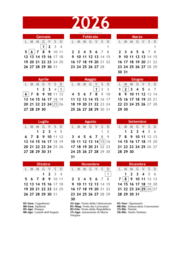 Calendario 2026 #30 — Italia — Calmanaque