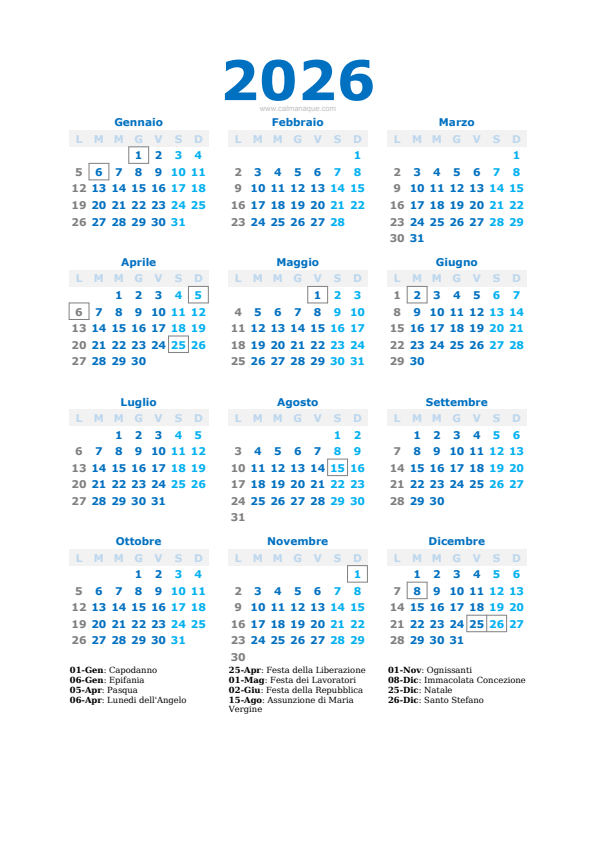 Calendario 2026 #40 — Italia — Calmanaque