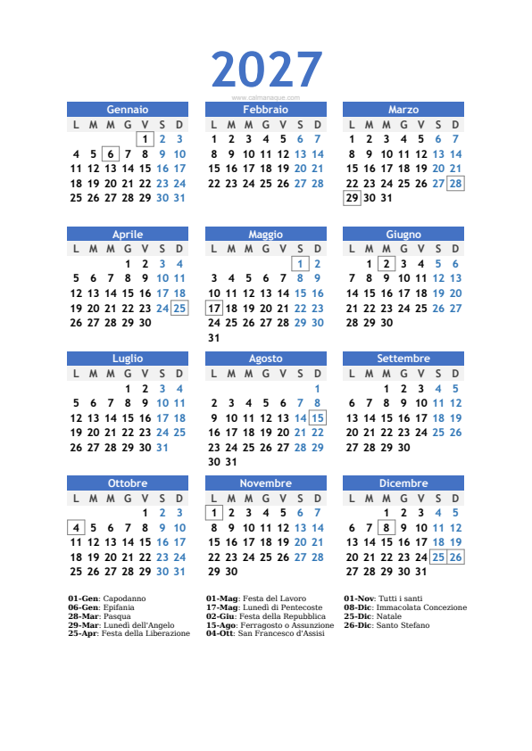 Calendario 2027 #10 — Italia — Calmanaque