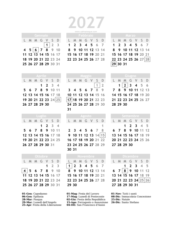 Calendario 2027 #20 — Italia — Calmanaque