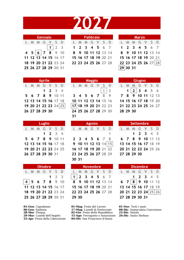 Calendario 2027 #30 — Italia — Calmanaque