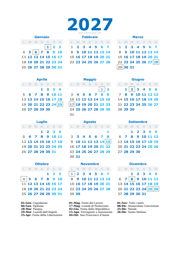 Calendario 2027 #40 — Italia — Calmanaque