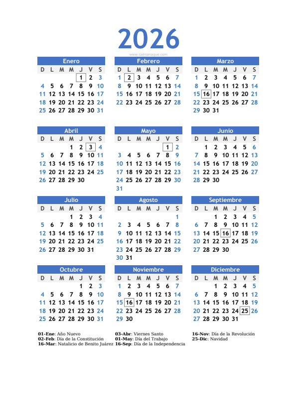 Calendario 2026 #10 — México — Calmanaque