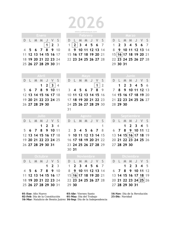 Calendario 2026 #20 — México — Calmanaque