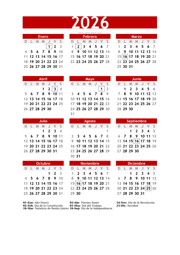 Calendario 2026 #30 — México — Calmanaque