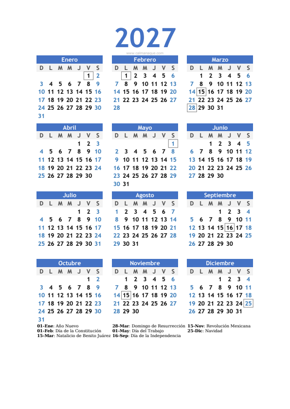 Calendario 2027 #10 — México — Calmanaque