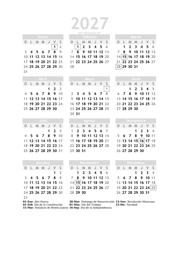 Calendario 2027 #20 — México — Calmanaque