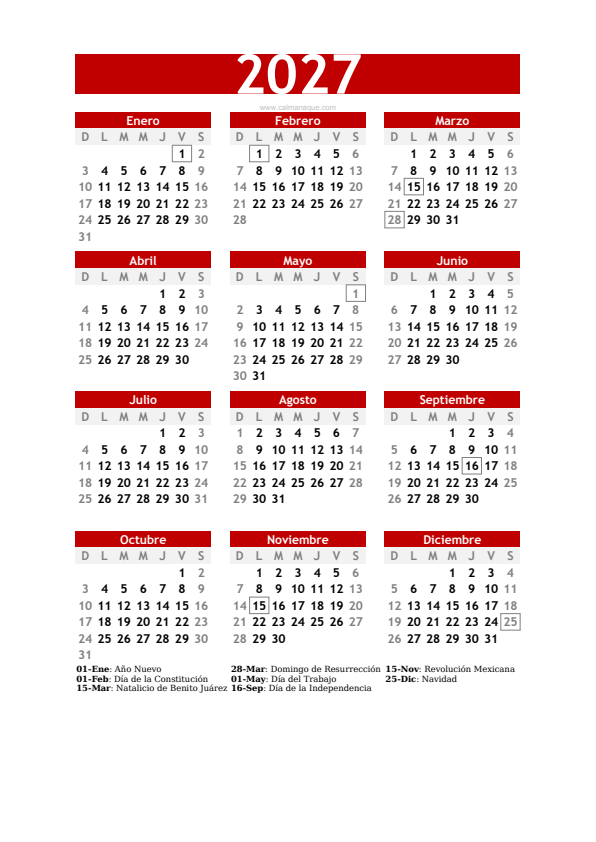 Calendario 2027 #30 — México — Calmanaque