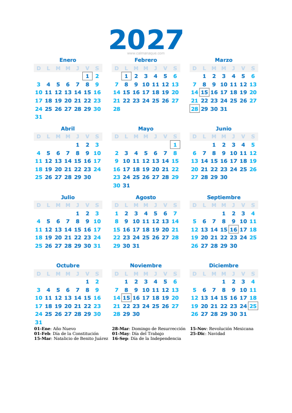 Calendario 2027 #40 — México — Calmanaque