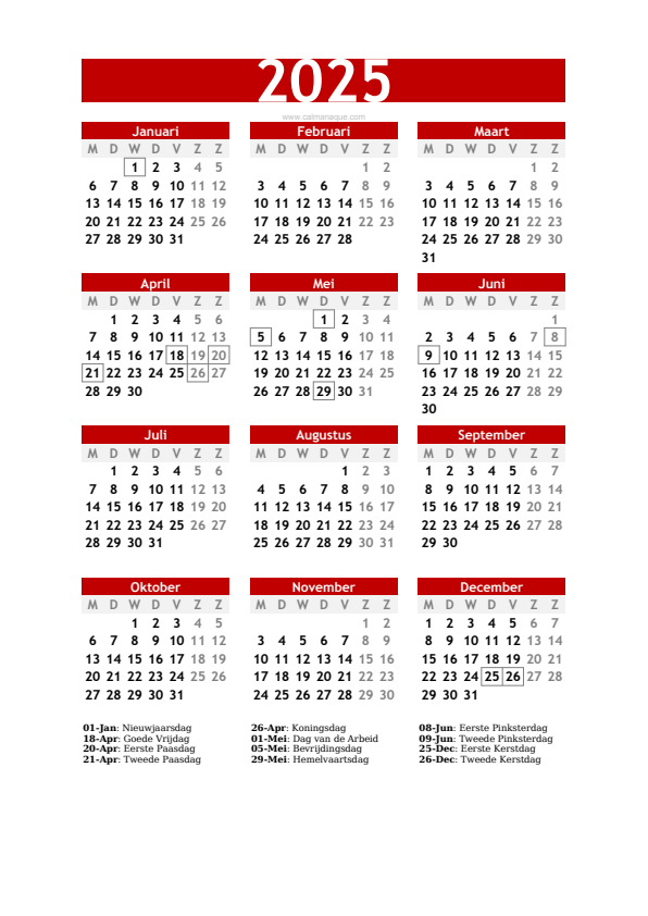 Calendario 2025 #30 — Nederland — Calmanaque