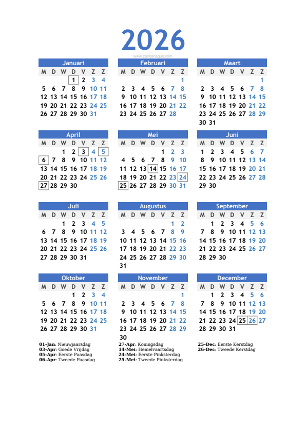 Calendario 2026 #10 — Nederland — Calmanaque