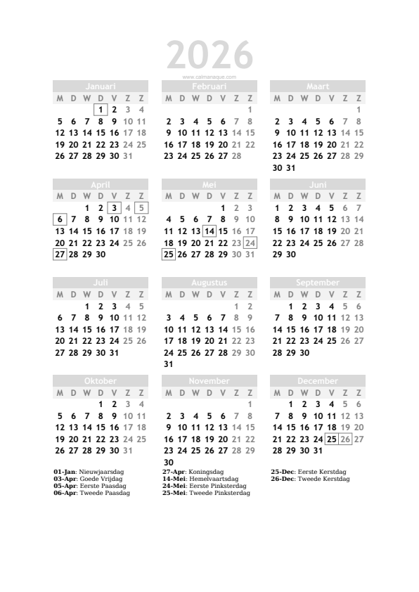 Calendario 2026 #20 — Nederland — Calmanaque