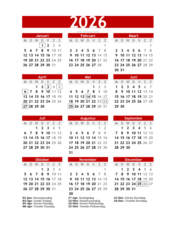 Calendario 2026 #30 — Nederland — Calmanaque