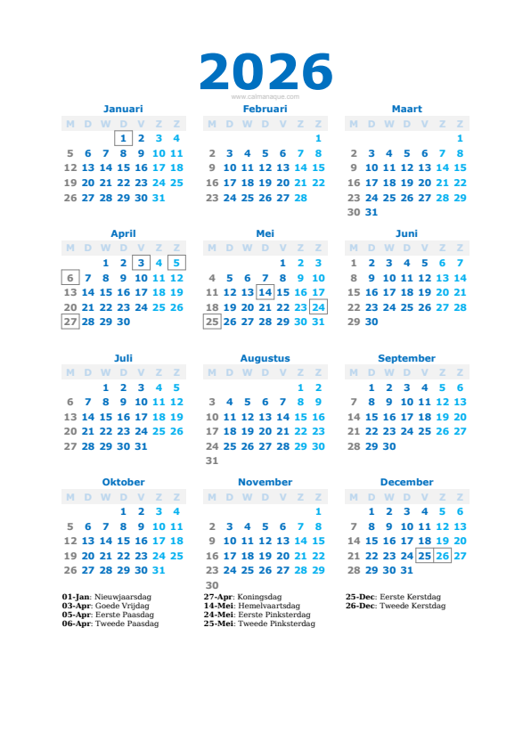Calendario 2026 #40 — Nederland — Calmanaque