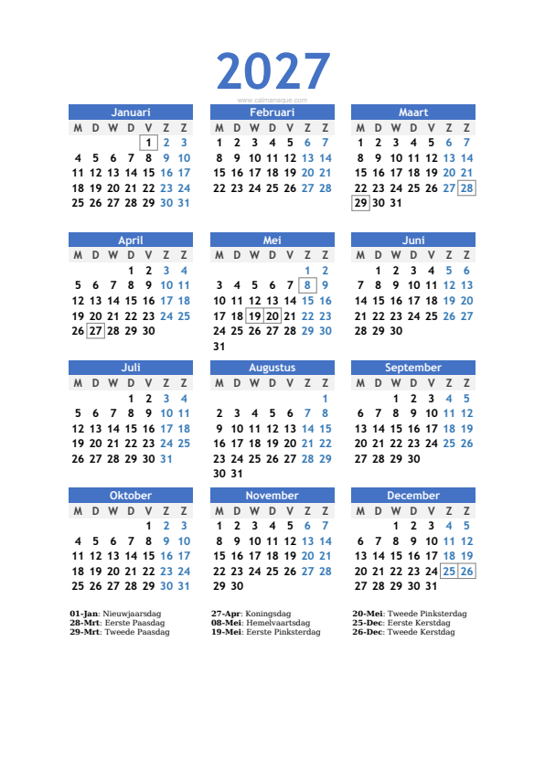 Calendario 2027 #10 — Nederland — Calmanaque