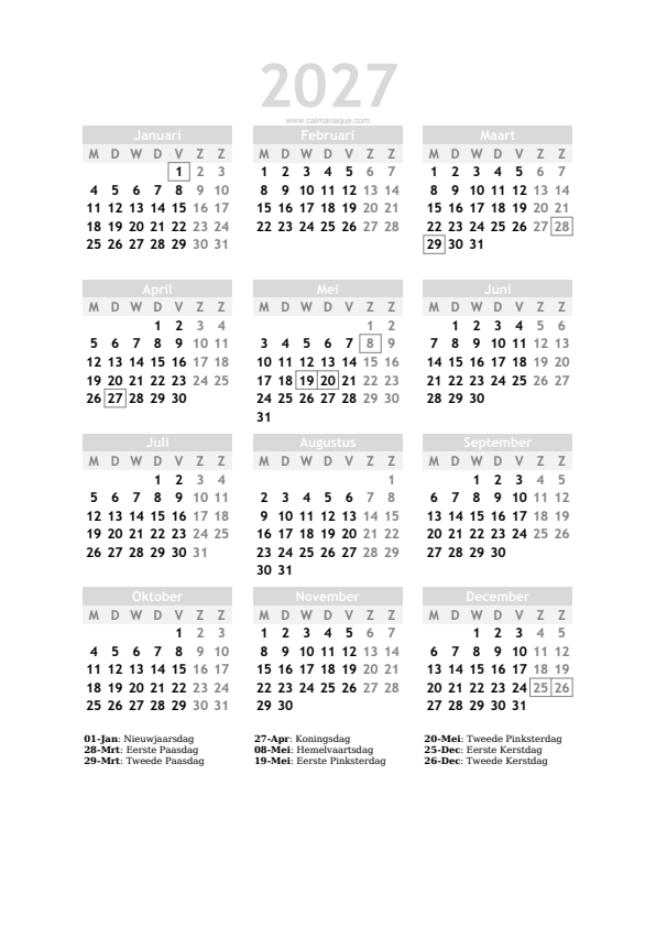 Calendario 2027 #20 — Nederland — Calmanaque