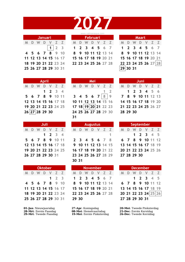 Calendario 2027 #30 — Nederland — Calmanaque