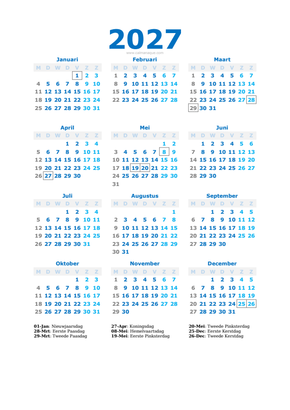 Calendario 2027 #40 — Nederland — Calmanaque