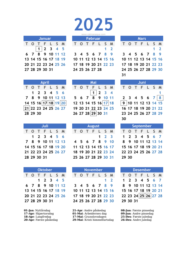 Calendario 2025 #10 — Norge — Calmanaque