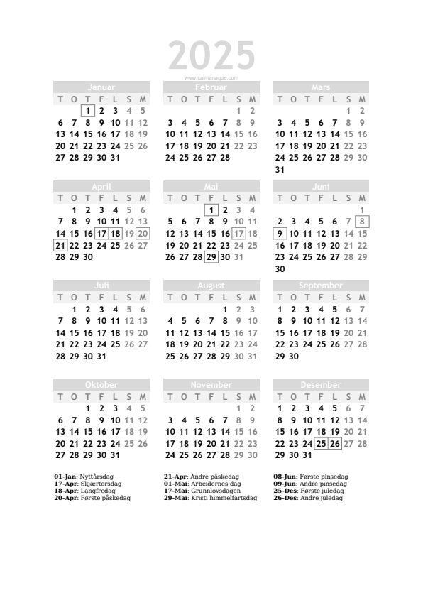 Calendario 2025 #20 — Norge — Calmanaque