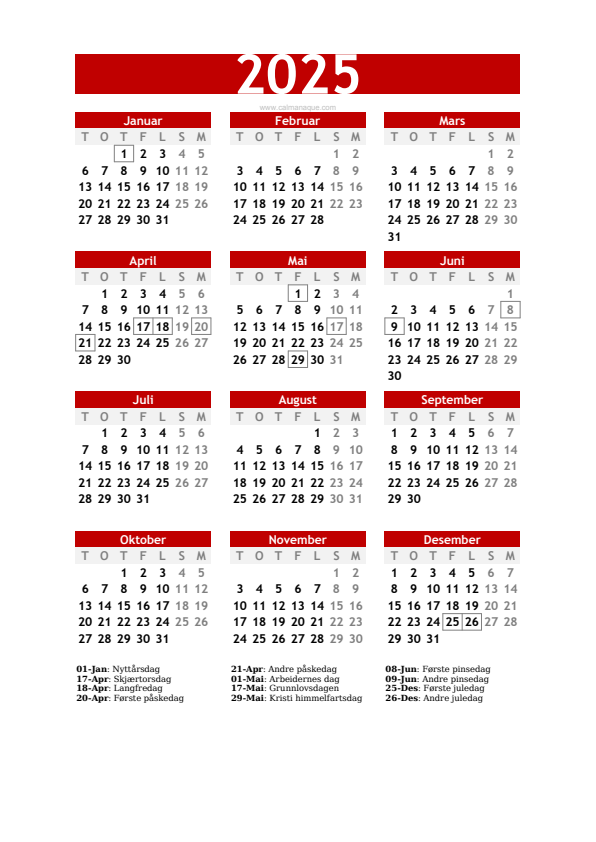 Calendario 2025 #30 — Norge — Calmanaque