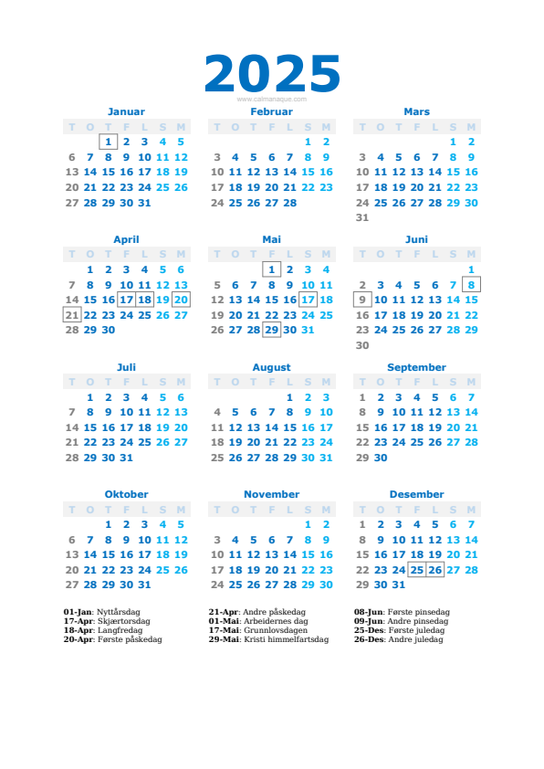 Calendario 2025 #40 — Norge — Calmanaque