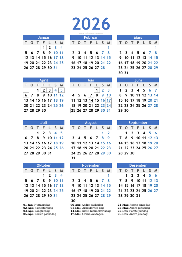 Calendario 2026 #10 — Norge — Calmanaque