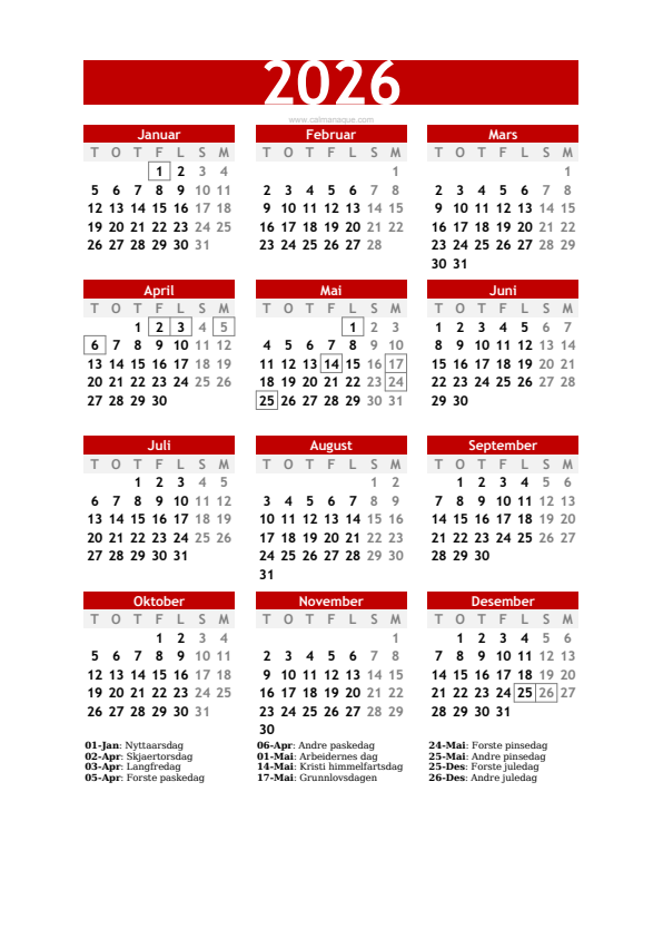 Calendario 2026 #30 — Norge — Calmanaque