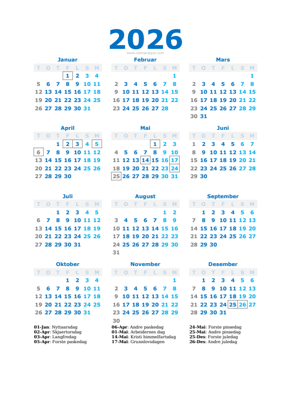 Calendario 2026 #40 — Norge — Calmanaque