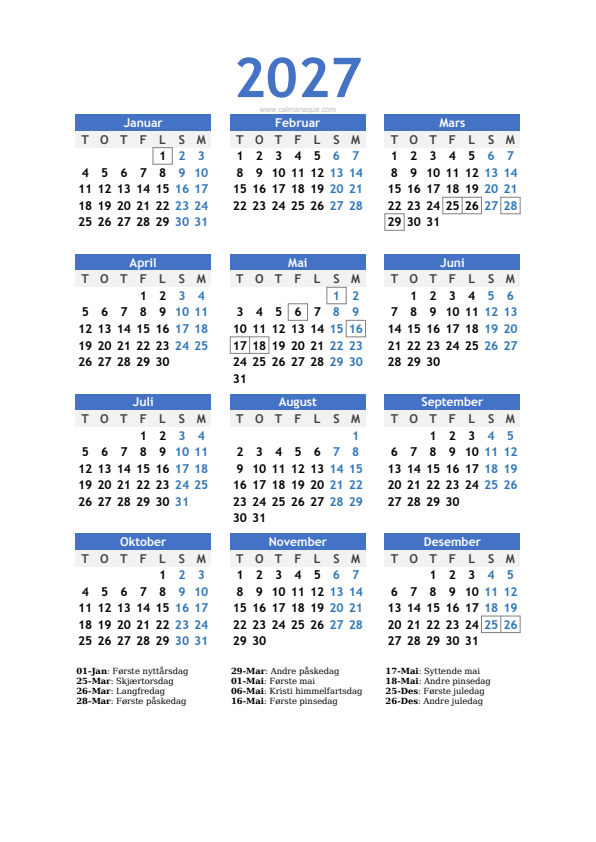 Calendario 2027 #10 — Norge — Calmanaque