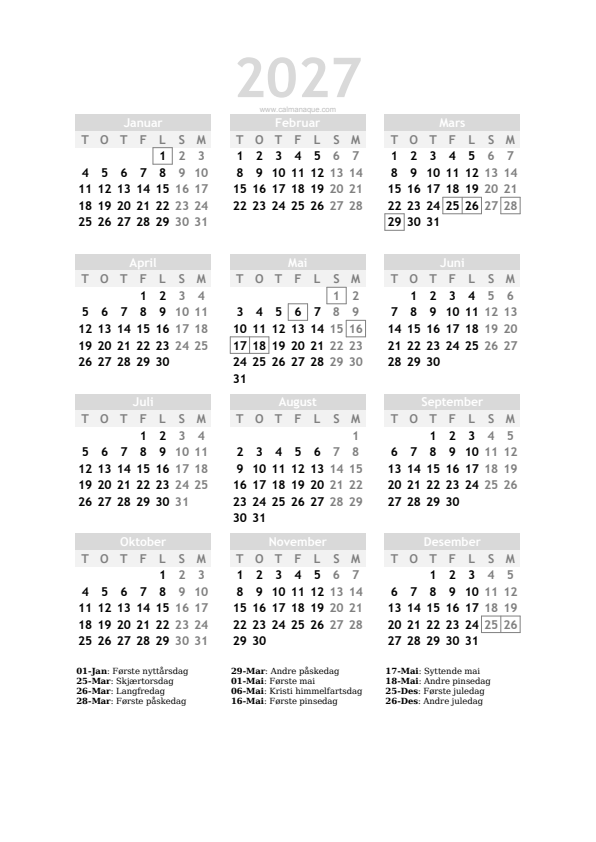 Calendario 2027 #20 — Norge — Calmanaque