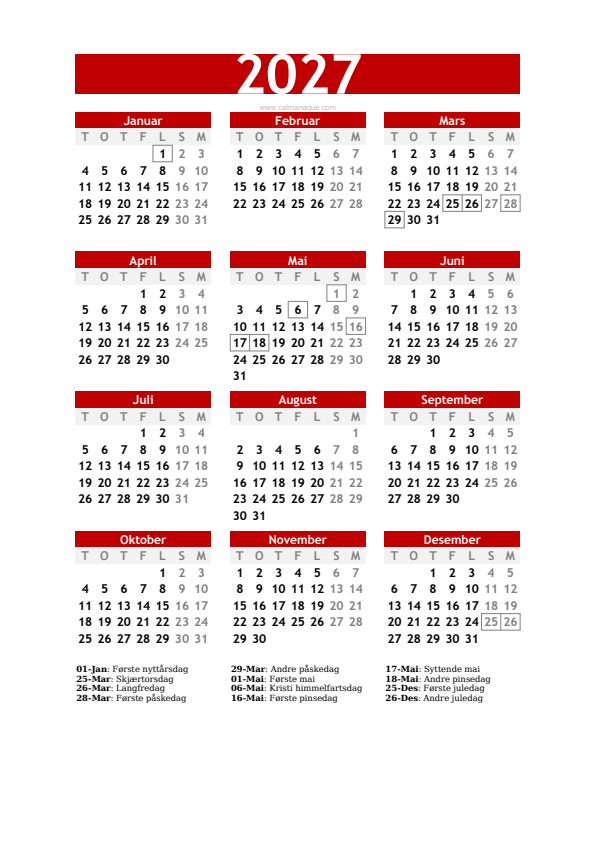 Calendario 2027 #30 — Norge — Calmanaque
