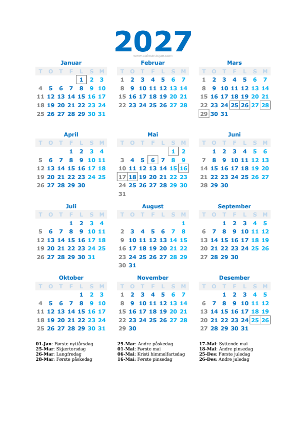 Calendario 2027 #40 — Norge — Calmanaque