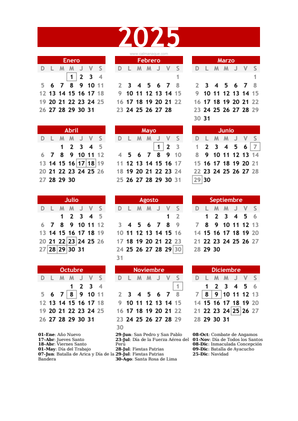 Calendario 2025 #30 — Perú — Calmanaque