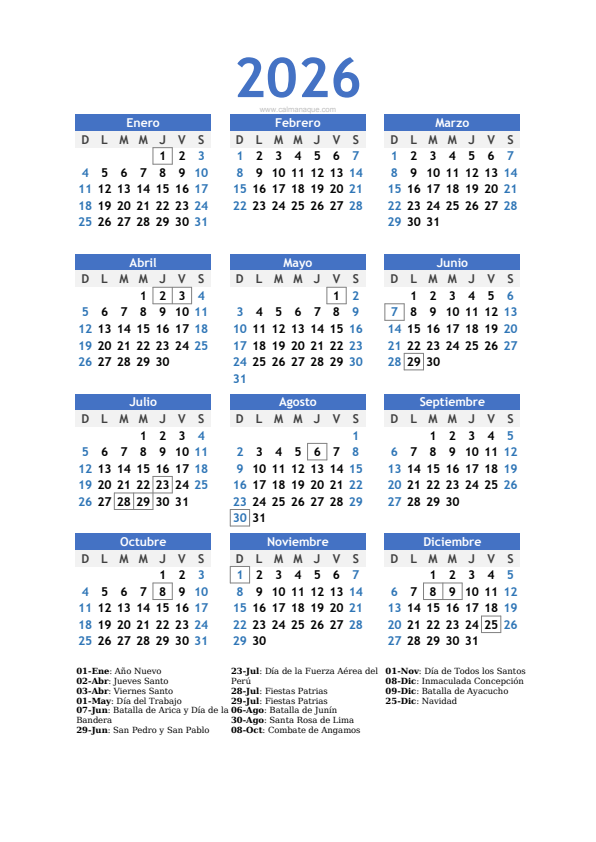 Calendario 2026 #10 — Perú — Calmanaque