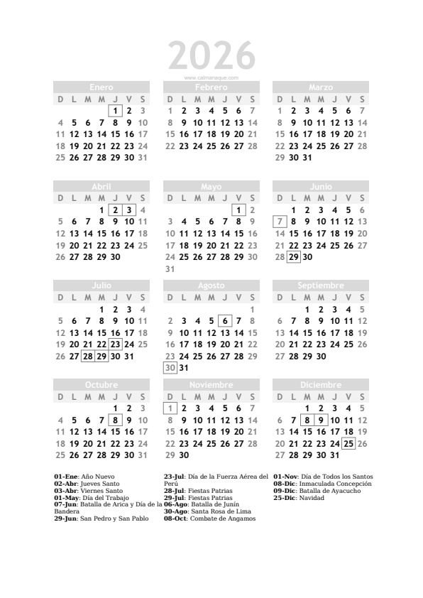 Calendario 2026 #20 — Perú — Calmanaque
