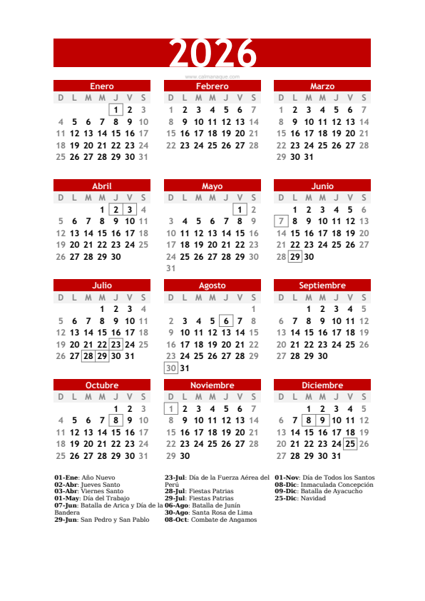 Calendario 2026 #30 — Perú — Calmanaque