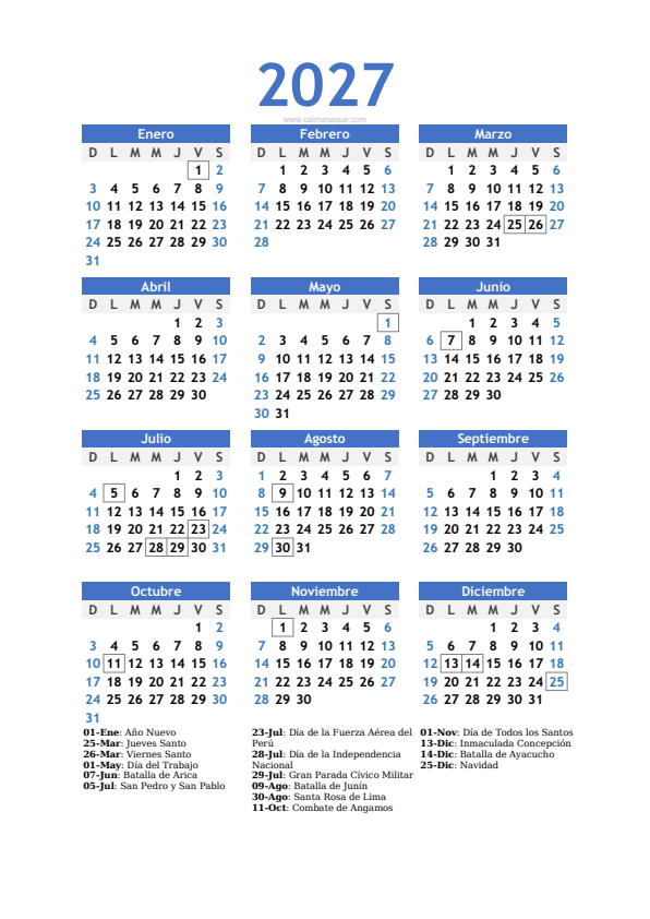 Calendario 2027 #10 — Perú — Calmanaque