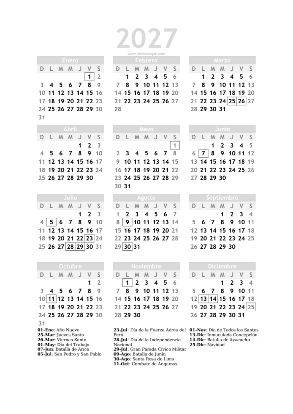 Calendario 2027 #20 — Perú — Calmanaque