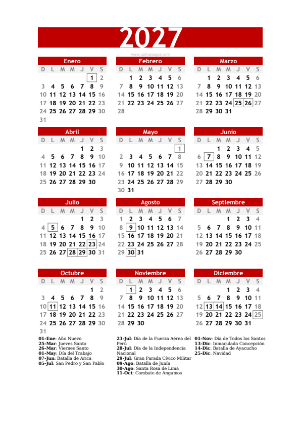 Calendario 2027 #30 — Perú — Calmanaque