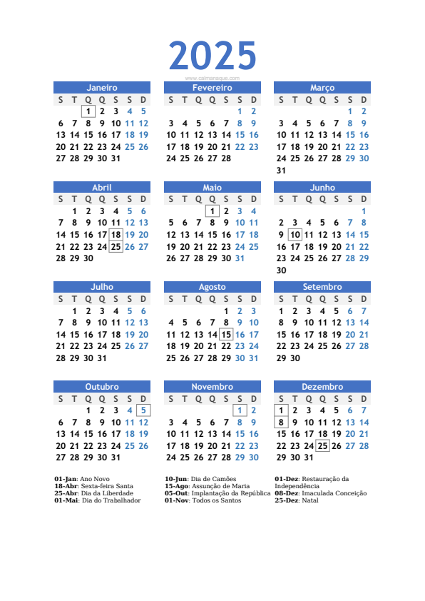 Calendario 2025 #10 — Portugal — Calmanaque