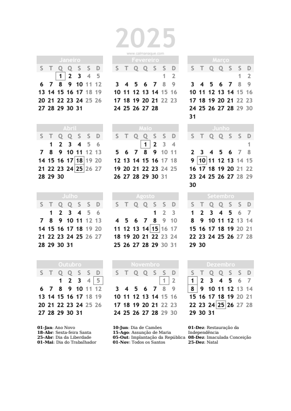 Calendario 2025 #20 — Portugal — Calmanaque