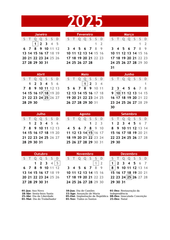 Calendario 2025 #30 — Portugal — Calmanaque