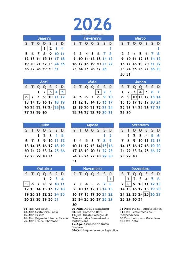 Calendario 2026 #10 — Portugal — Calmanaque