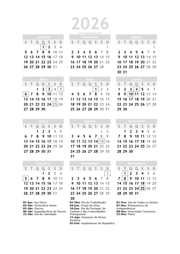 Calendario 2026 #20 — Portugal — Calmanaque