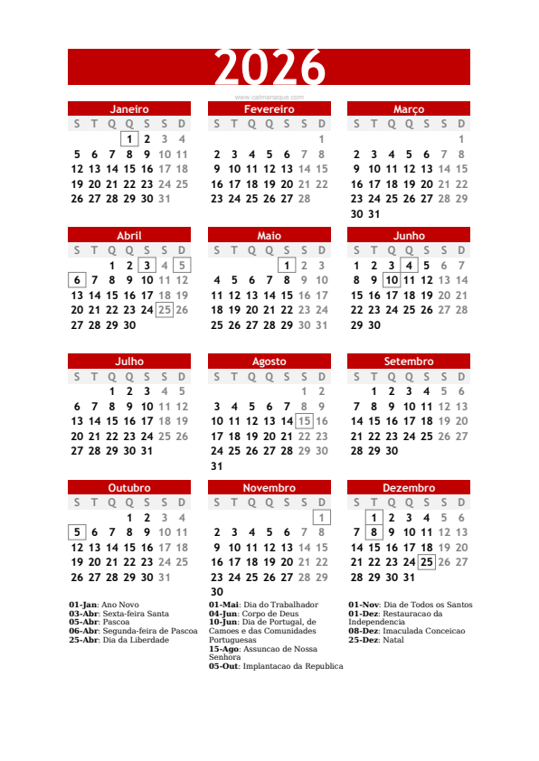 Calendario 2026 #30 — Portugal — Calmanaque