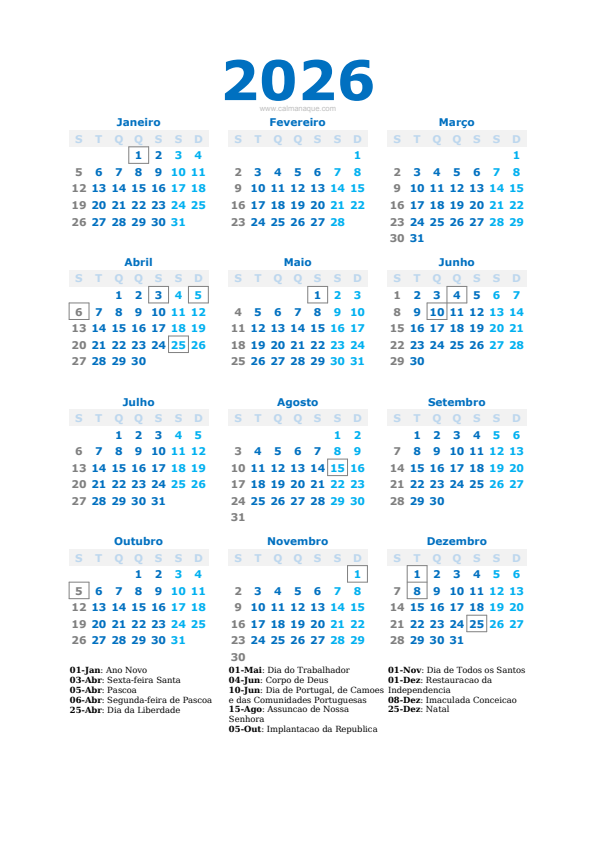 Calendario 2026 #40 — Portugal — Calmanaque