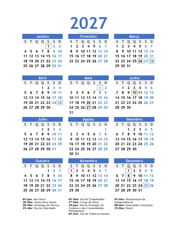 Calendario 2027 #10 — Portugal — Calmanaque