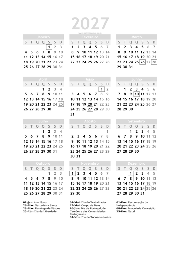 Calendario 2027 #20 — Portugal — Calmanaque