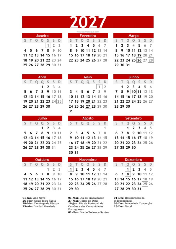 Calendario 2027 #30 — Portugal — Calmanaque